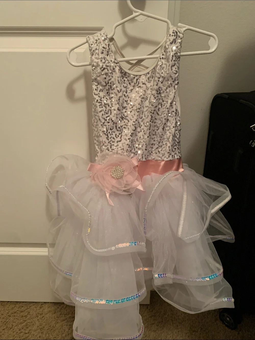 Girls White Sequin Tulle Dance Dress with Pink Satin Sash and Flower
